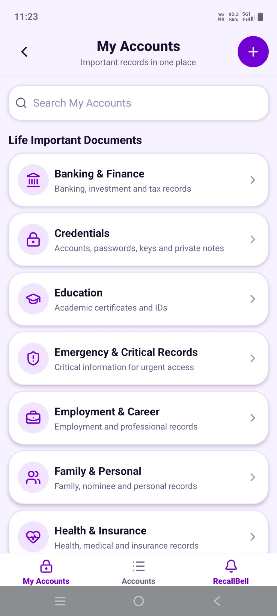My Accounts categories